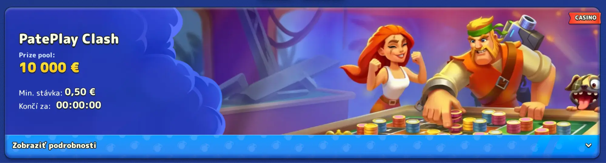 Hrdinovia PatePlay Clash pri rulete s výherným fondom 10 000 € a minimálnou stávkou 0,50 €.